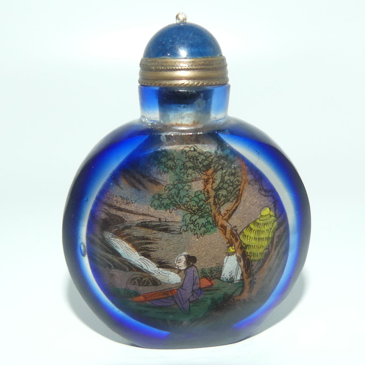 Chinese Cobalt Blue and Clear Reverse Painted double scene Snuff Bottle
