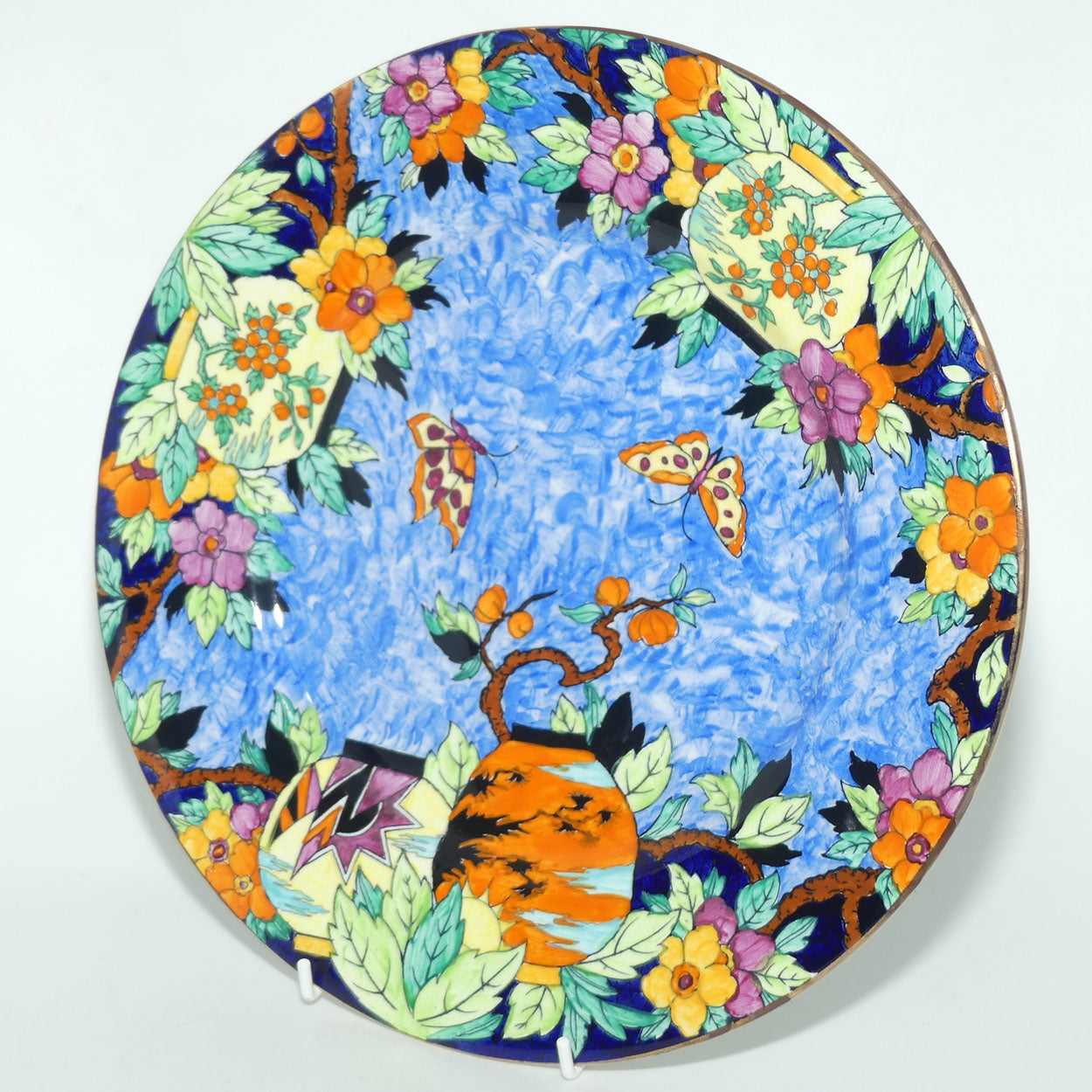 Maling plate Art Deco hand enamelled Butterfly and Pomegranate plate 5738 | Blue Ground
