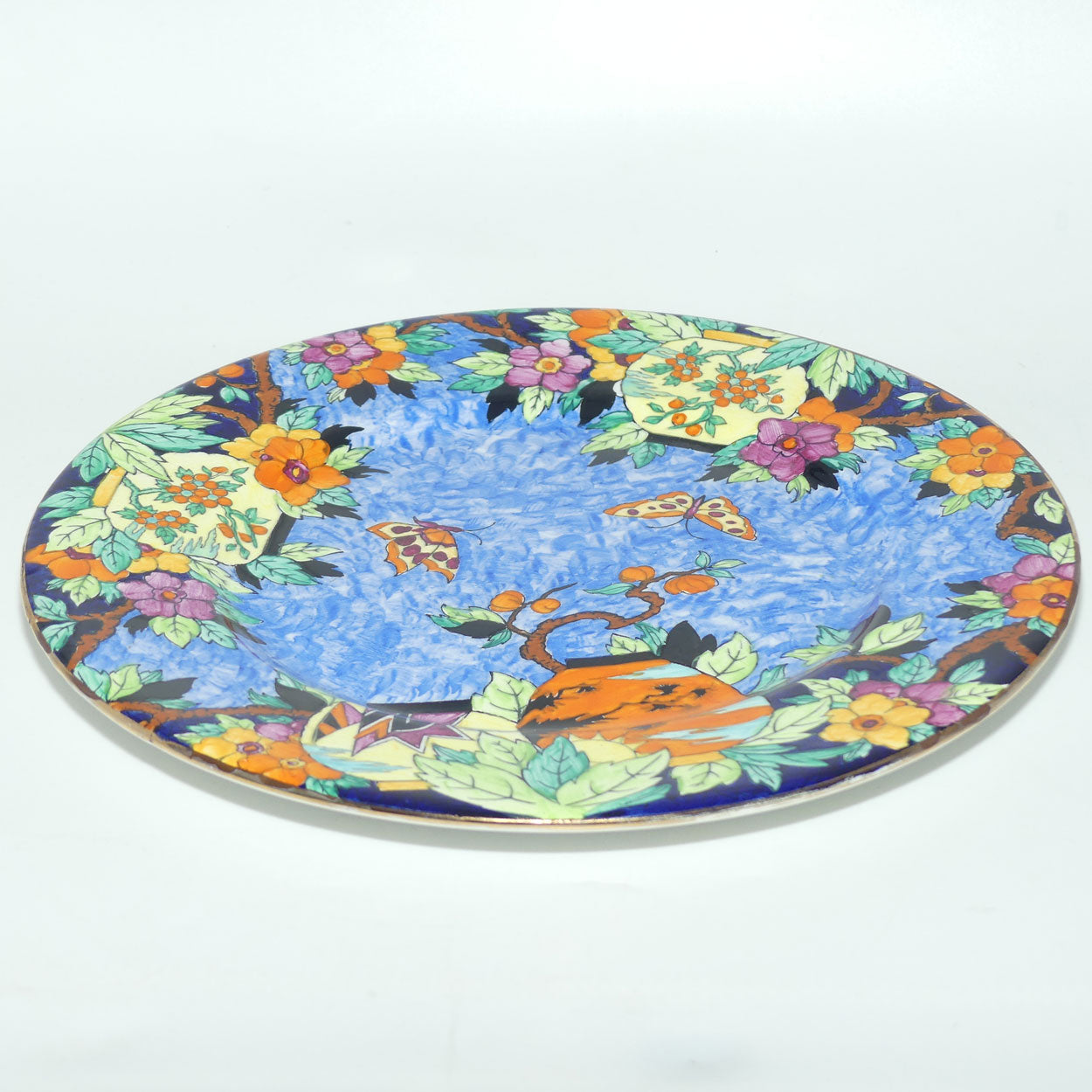 Maling plate Art Deco hand enamelled Butterfly and Pomegranate plate 5738 | Blue Ground