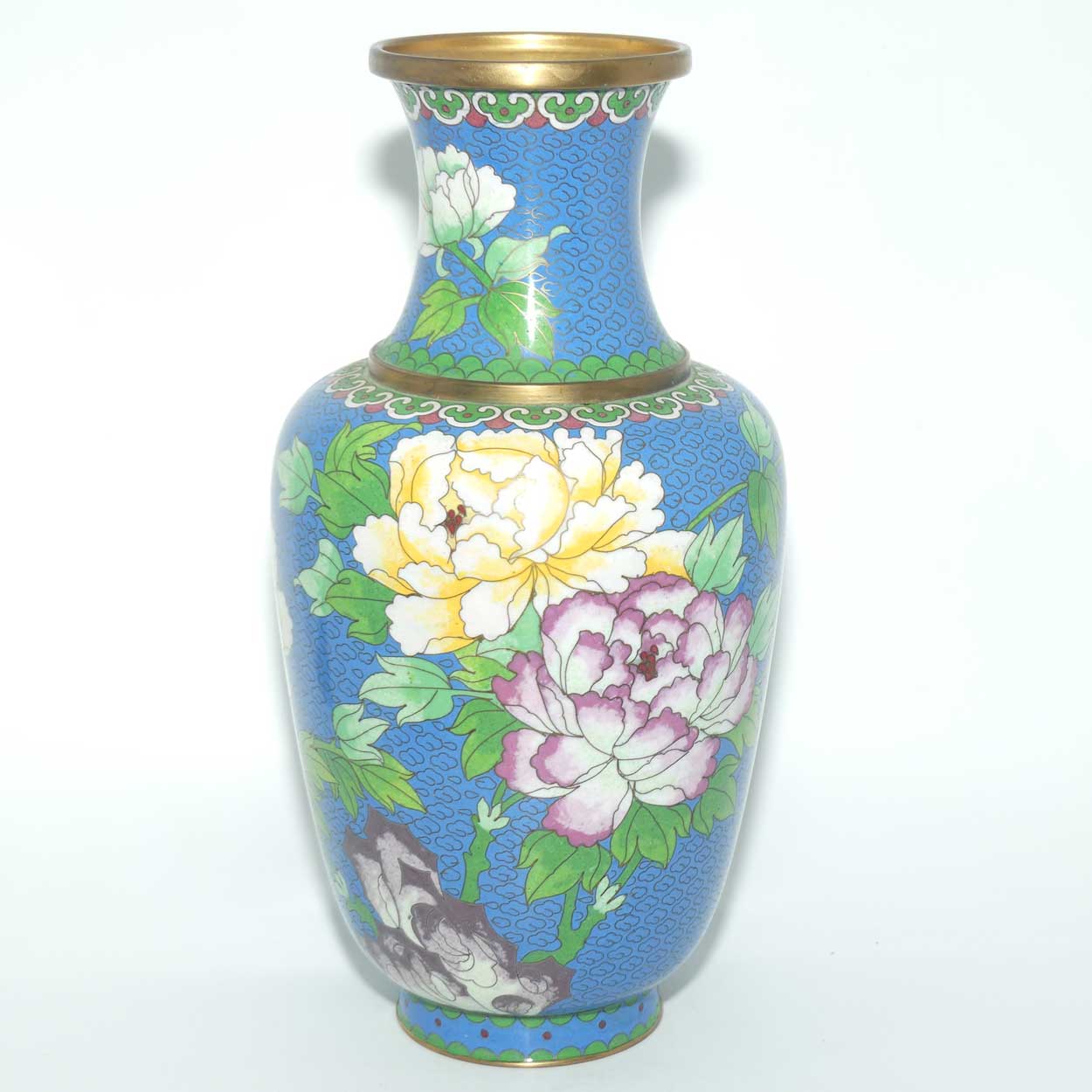 Mid Century Cloisonne vase | Blue Body #2 | Flowers and Bird | 31cm