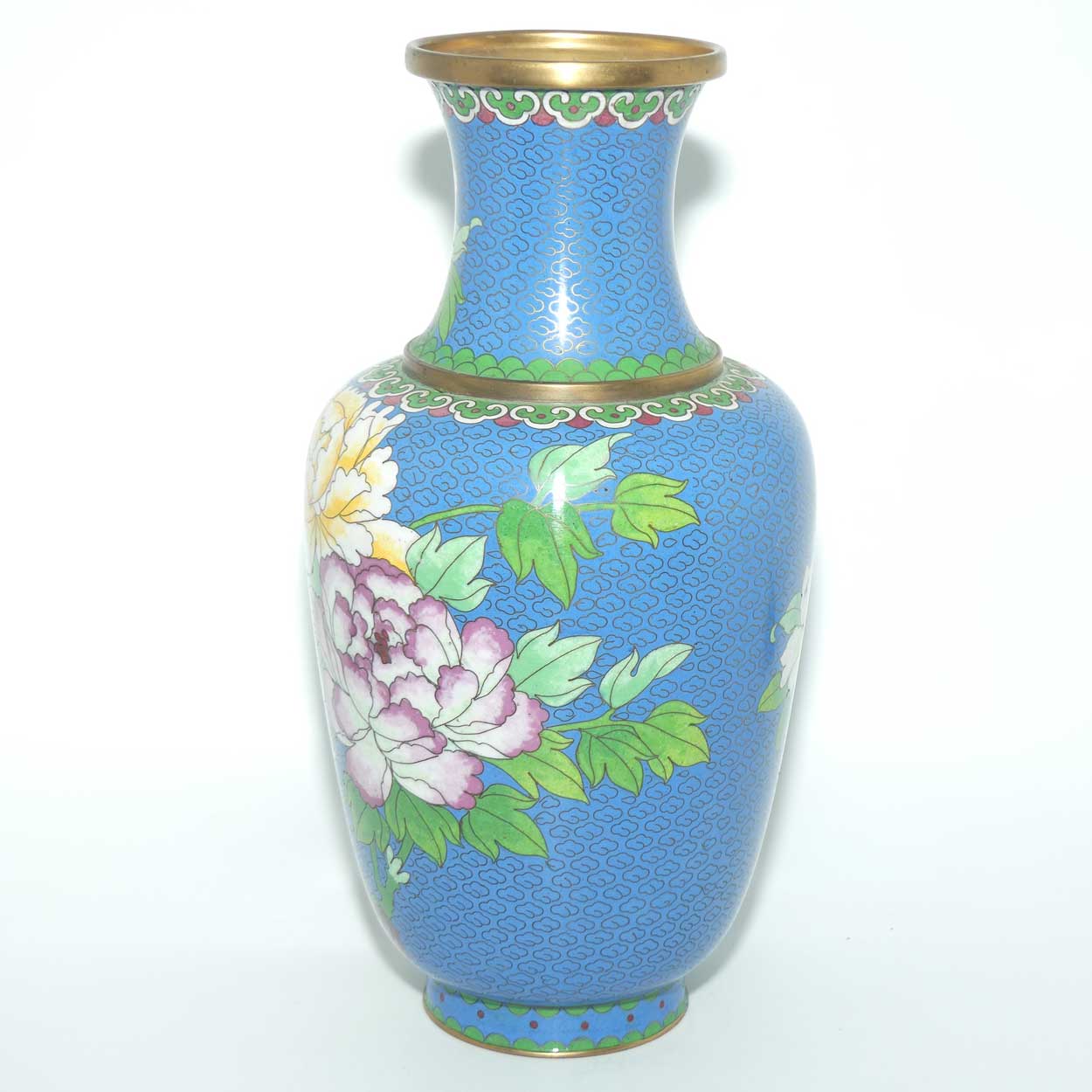 Mid Century Cloisonne vase | Blue Body #2 | Flowers and Bird | 31cm