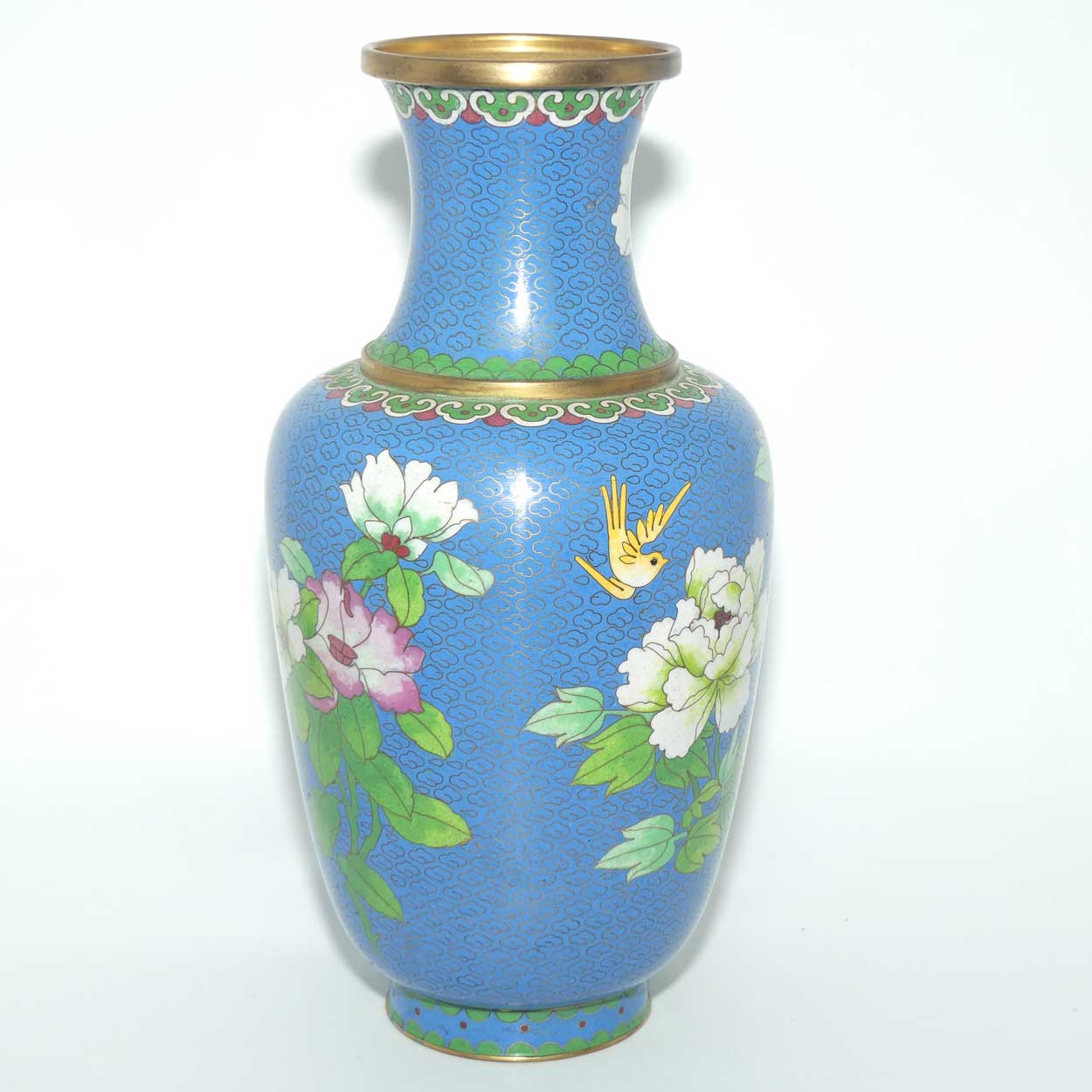Mid Century Cloisonne vase | Blue Body #2 | Flowers and Bird | 31cm