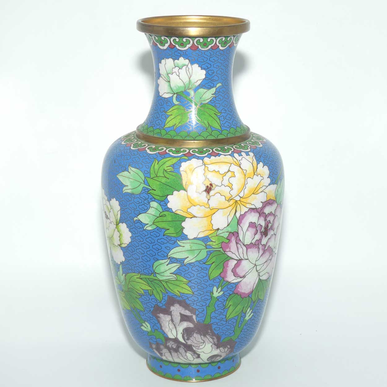Mid Century Cloisonne vase | Blue Body #2 | Flowers and Bird | 31cm