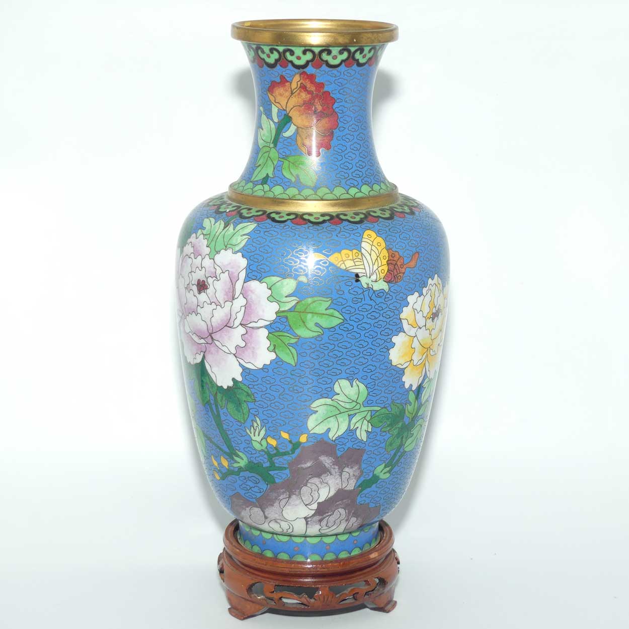 Mid Century Cloisonne vase | Blue Body #1 | Flowers and Butterfly | 31cm