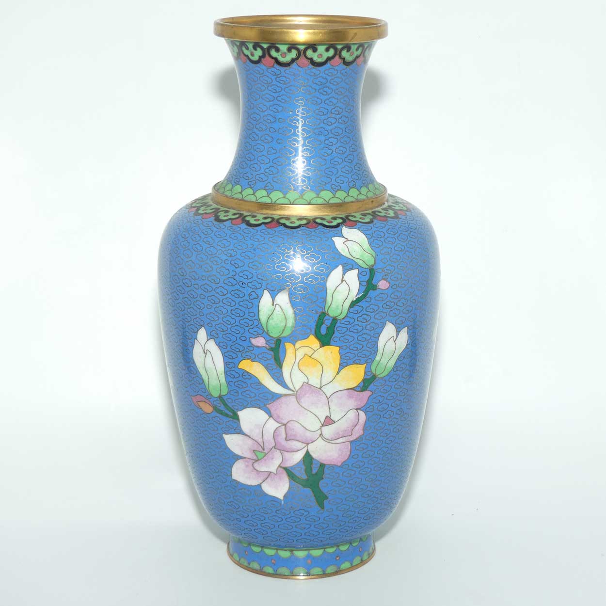 Mid Century Cloisonne vase | Blue Body #1 | Flowers and Butterfly | 31cm
