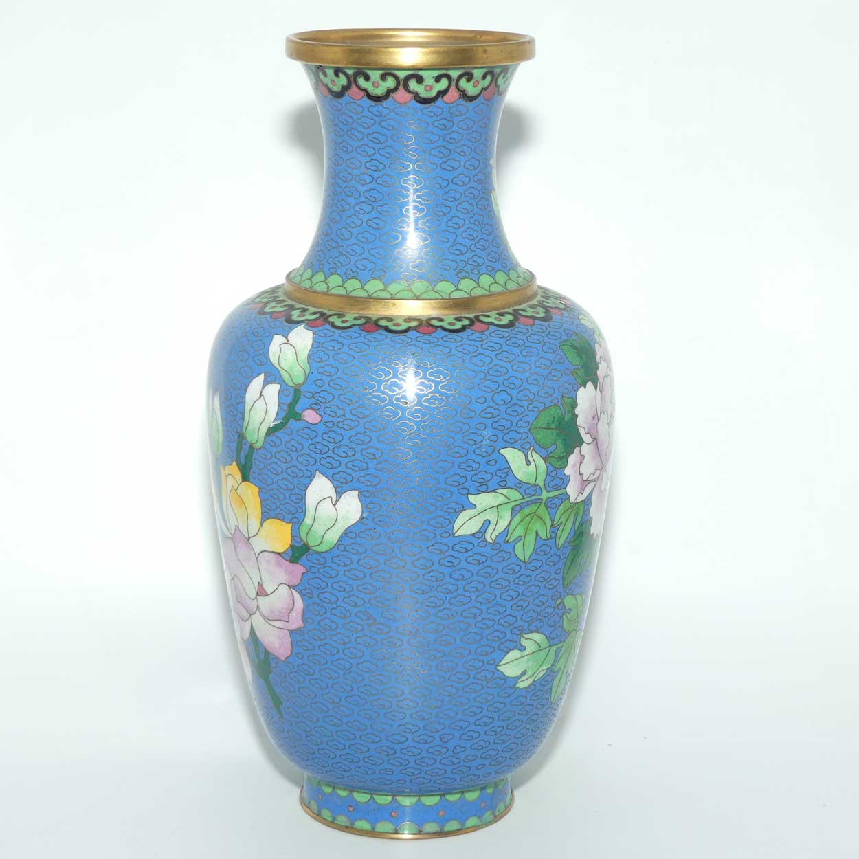Mid Century Cloisonne vase | Blue Body #1 | Flowers and Butterfly | 31cm
