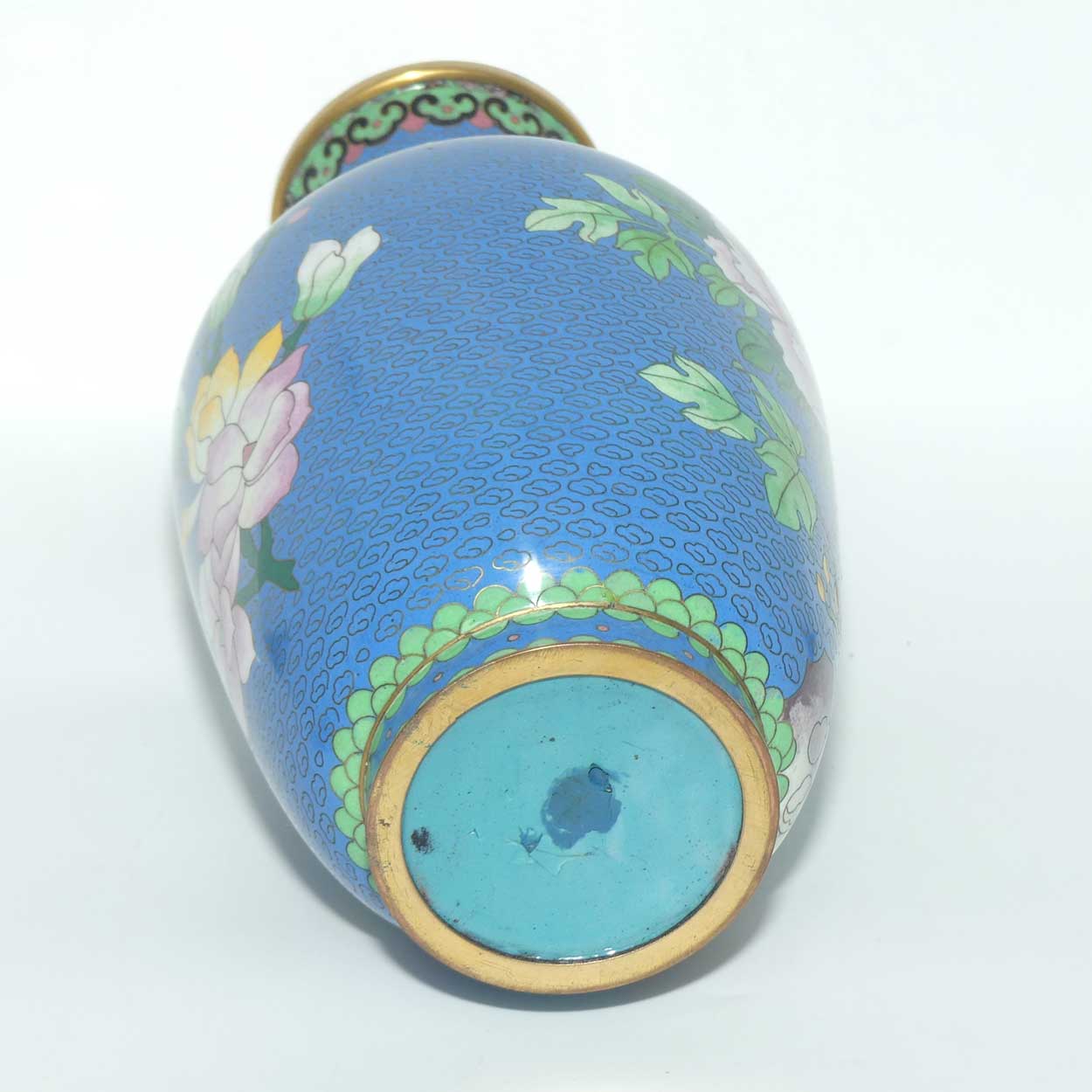 Mid Century Cloisonne vase | Blue Body #1 | Flowers and Butterfly | 31cm