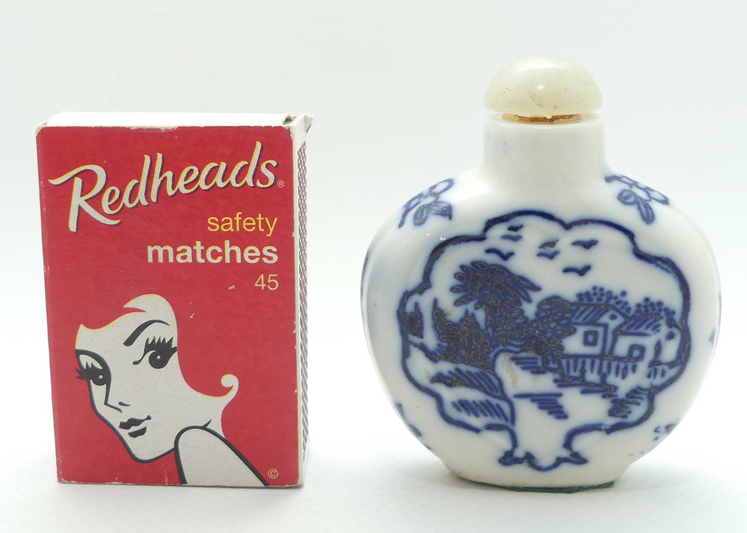 Chinese Blue and White Village pattern Snuff Bottle | Pale Green stone stopper