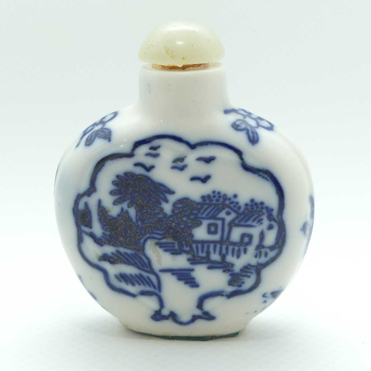 Chinese Blue and White Village pattern Snuff Bottle | Pale Green stone stopper