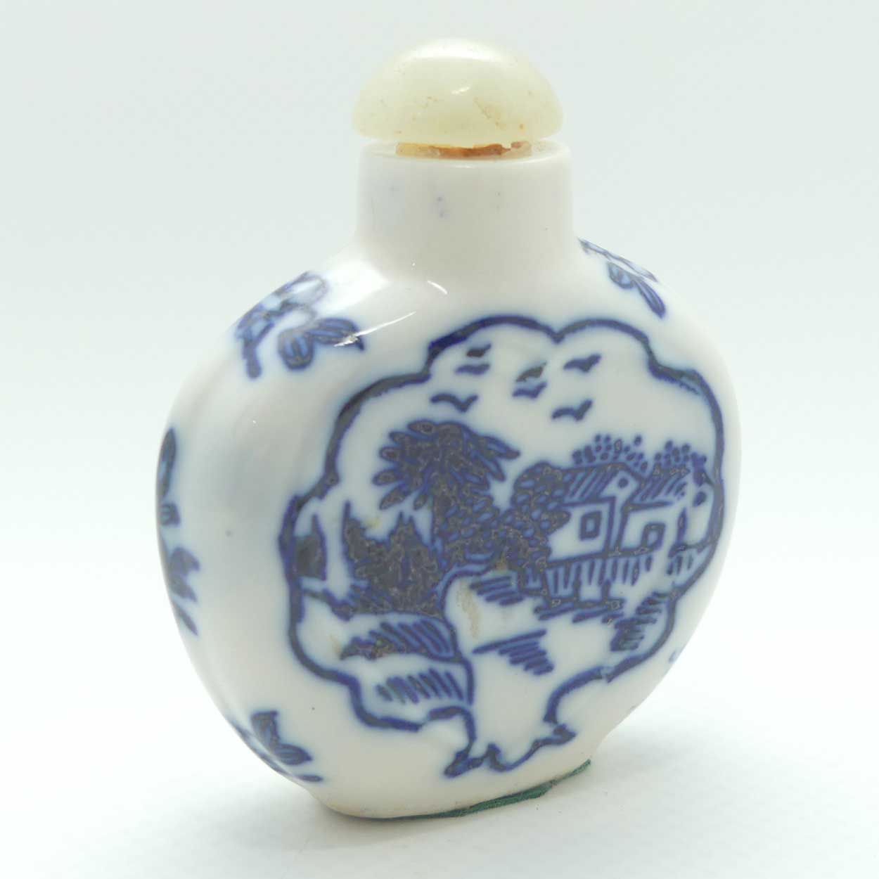 Chinese Blue and White Village pattern Snuff Bottle | Pale Green stone stopper