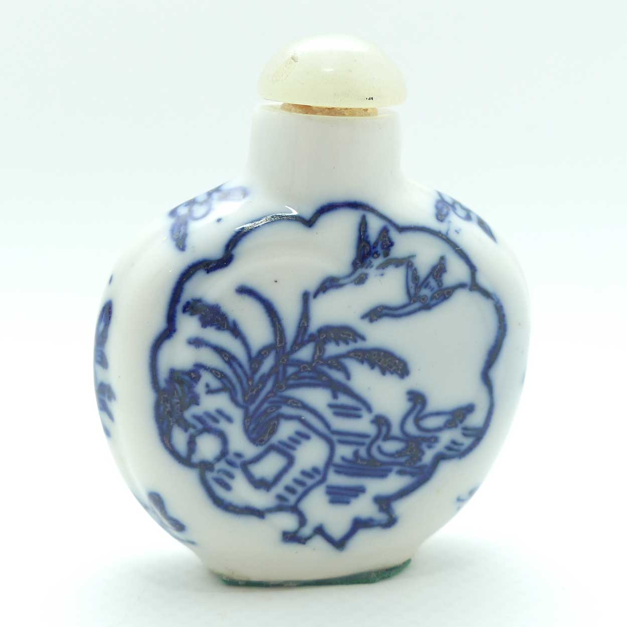 Chinese Blue and White Village pattern Snuff Bottle | Pale Green stone stopper