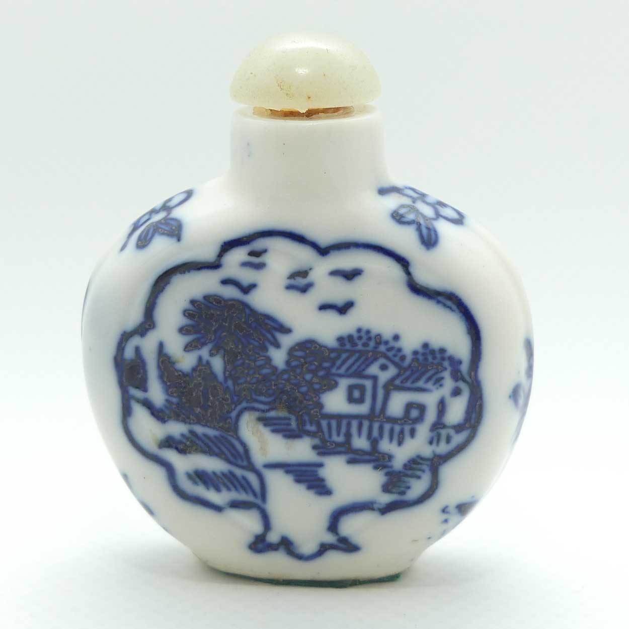 Chinese Blue and White Village pattern Snuff Bottle | Pale Green stone stopper