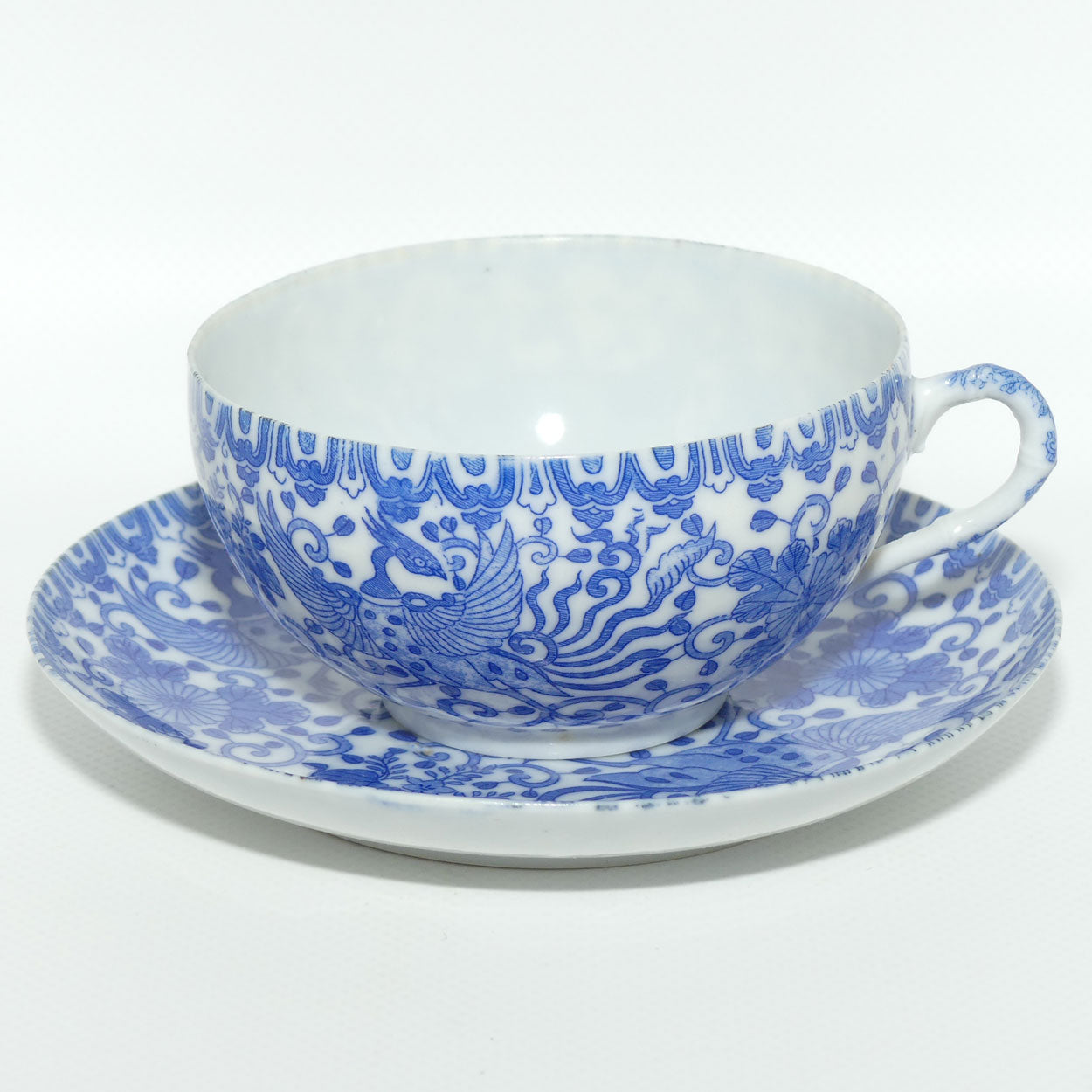 Japanese Blue and White eggshell china Pheonix Bird cup and saucer