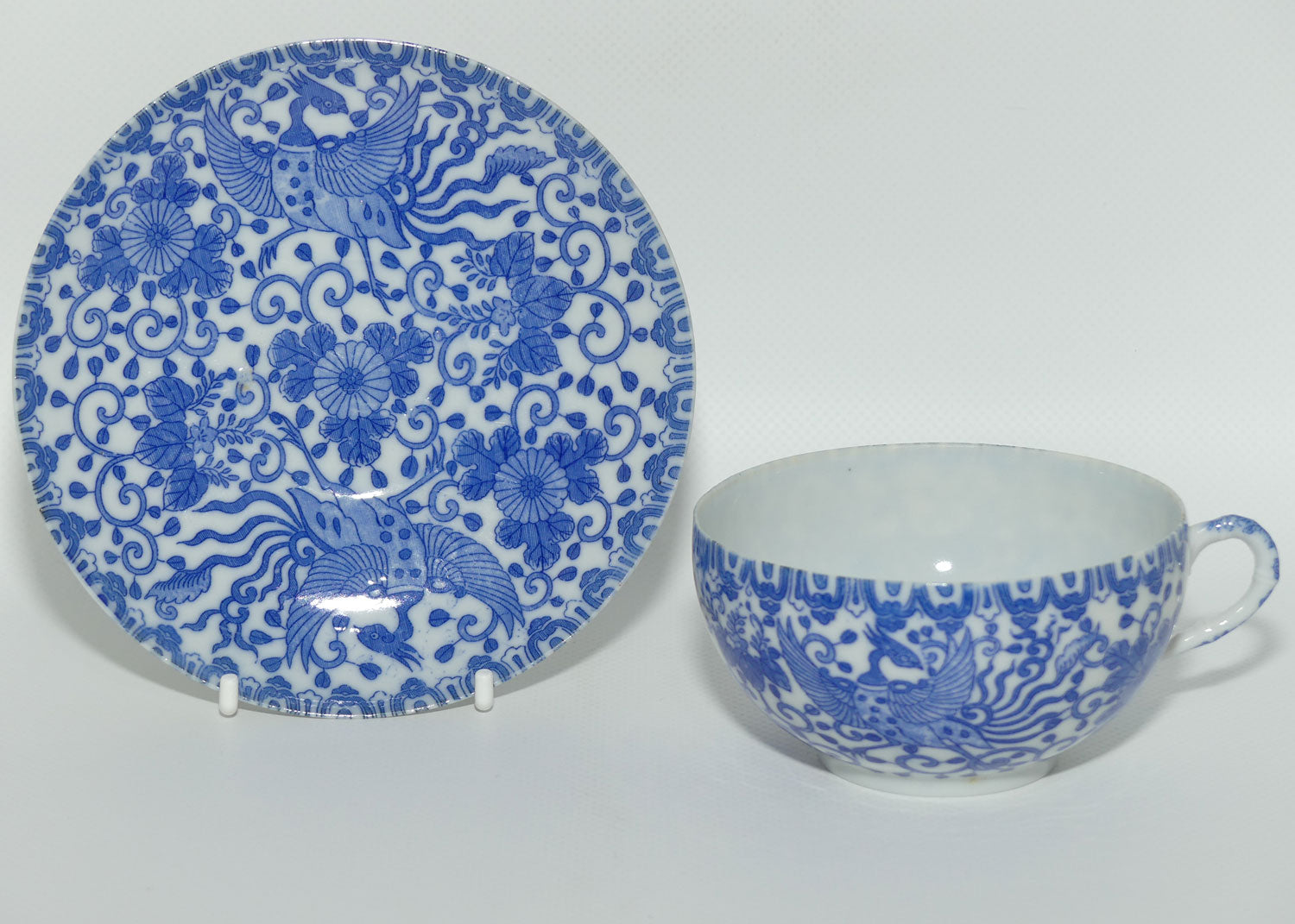 Japanese Blue and White eggshell china Pheonix Bird cup and saucer