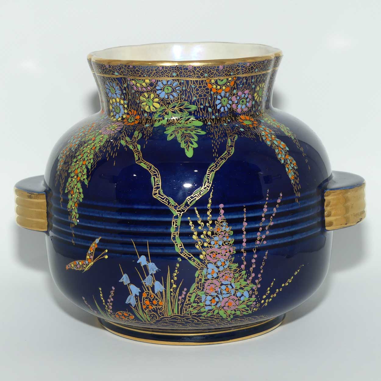 Crown Devon Fieldings Blue Floral design twin handle vase with ribbed body