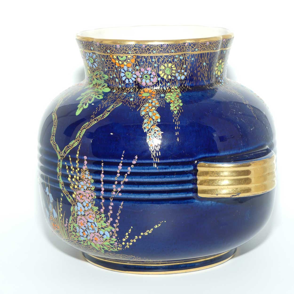 Crown Devon Fieldings Blue Floral design twin handle vase with ribbed body