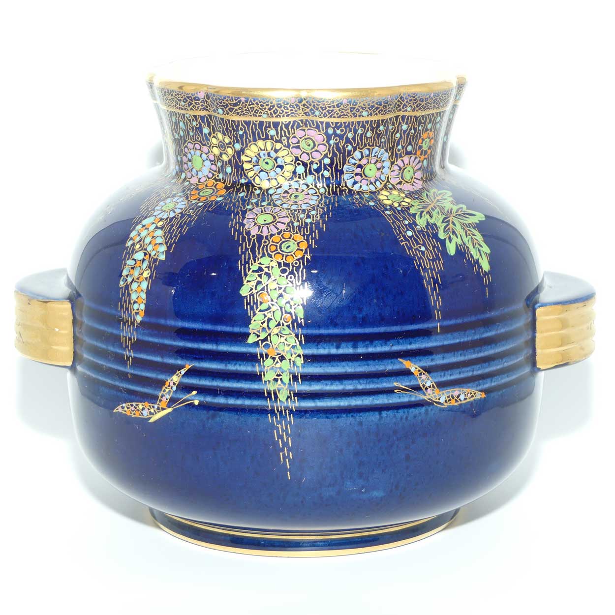 Crown Devon Fieldings Blue Floral design twin handle vase with ribbed body