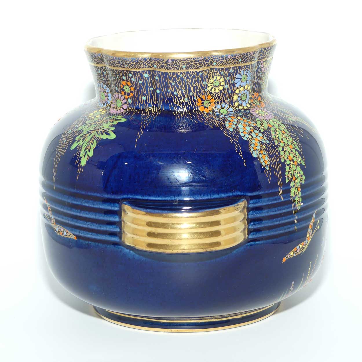 Crown Devon Fieldings Blue Floral design twin handle vase with ribbed body