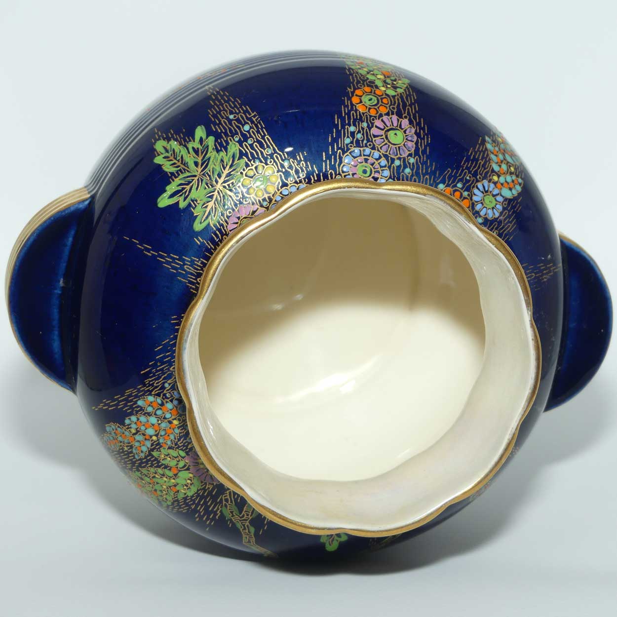 Crown Devon Fieldings Blue Floral design twin handle vase with ribbed body