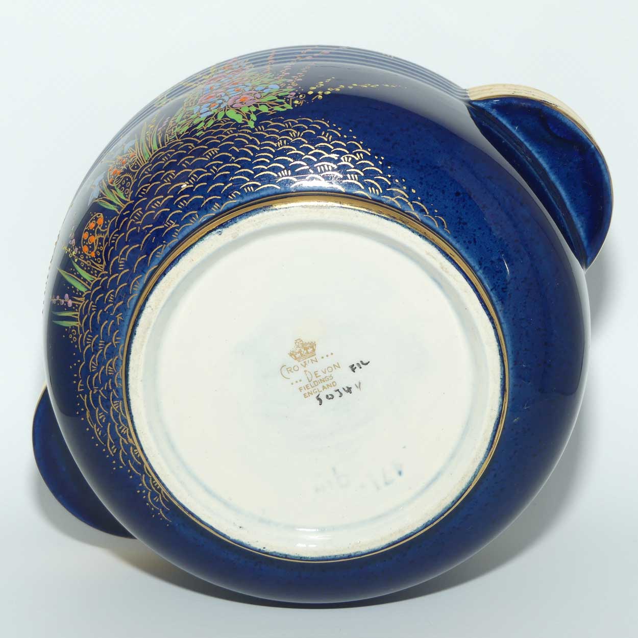 Crown Devon Fieldings Blue Floral design twin handle vase with ribbed body