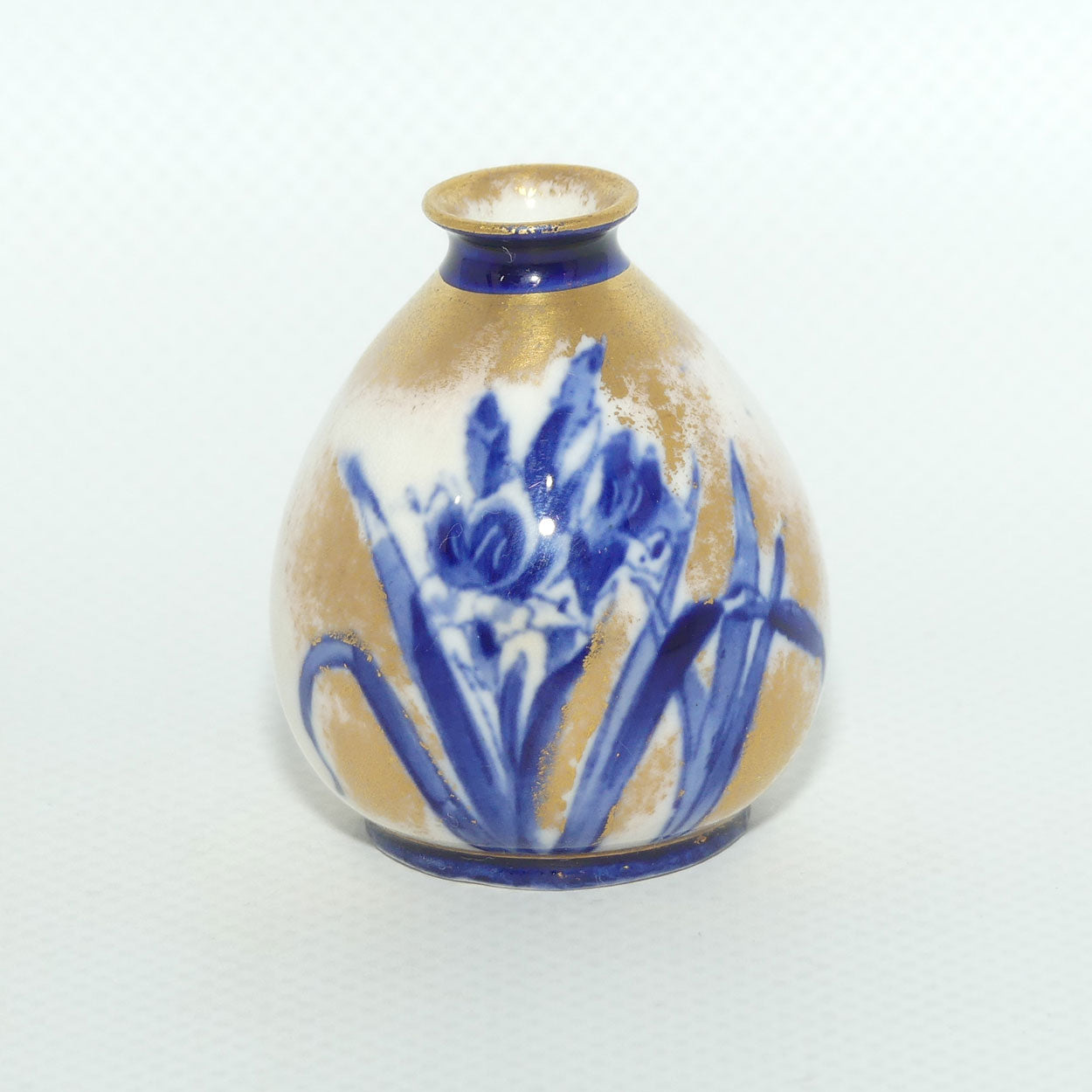 Royal Doulton Flow Blue and Gilt Iris miniature vase