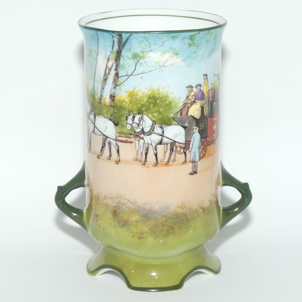 Royal Doulton Coaching Days twin handle vase | 4 feet E2768 | rare Blue Sky variation | unstamped
