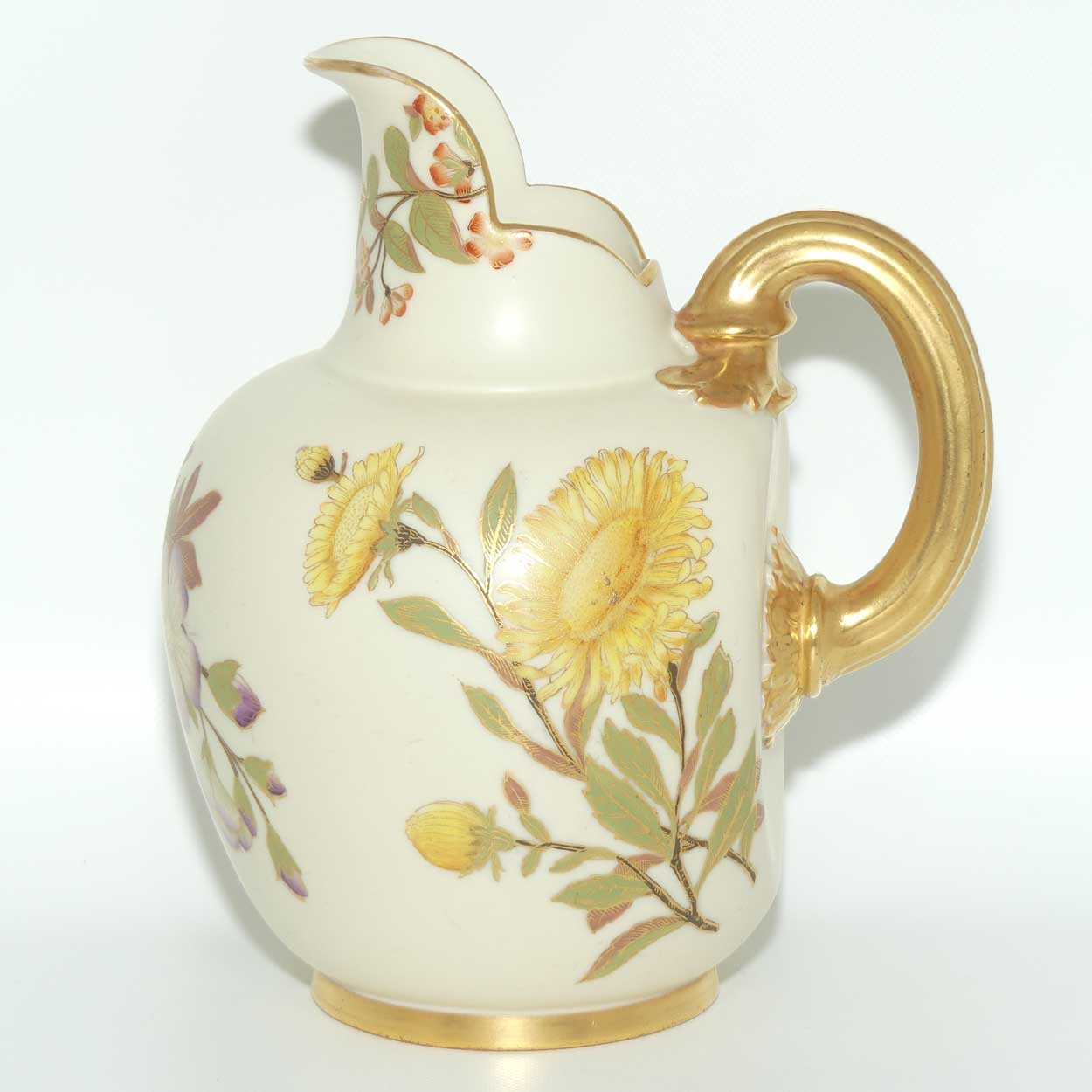 Royal Worcester Blush Ivory hand painted flatback Yellow Aster jug (Large)