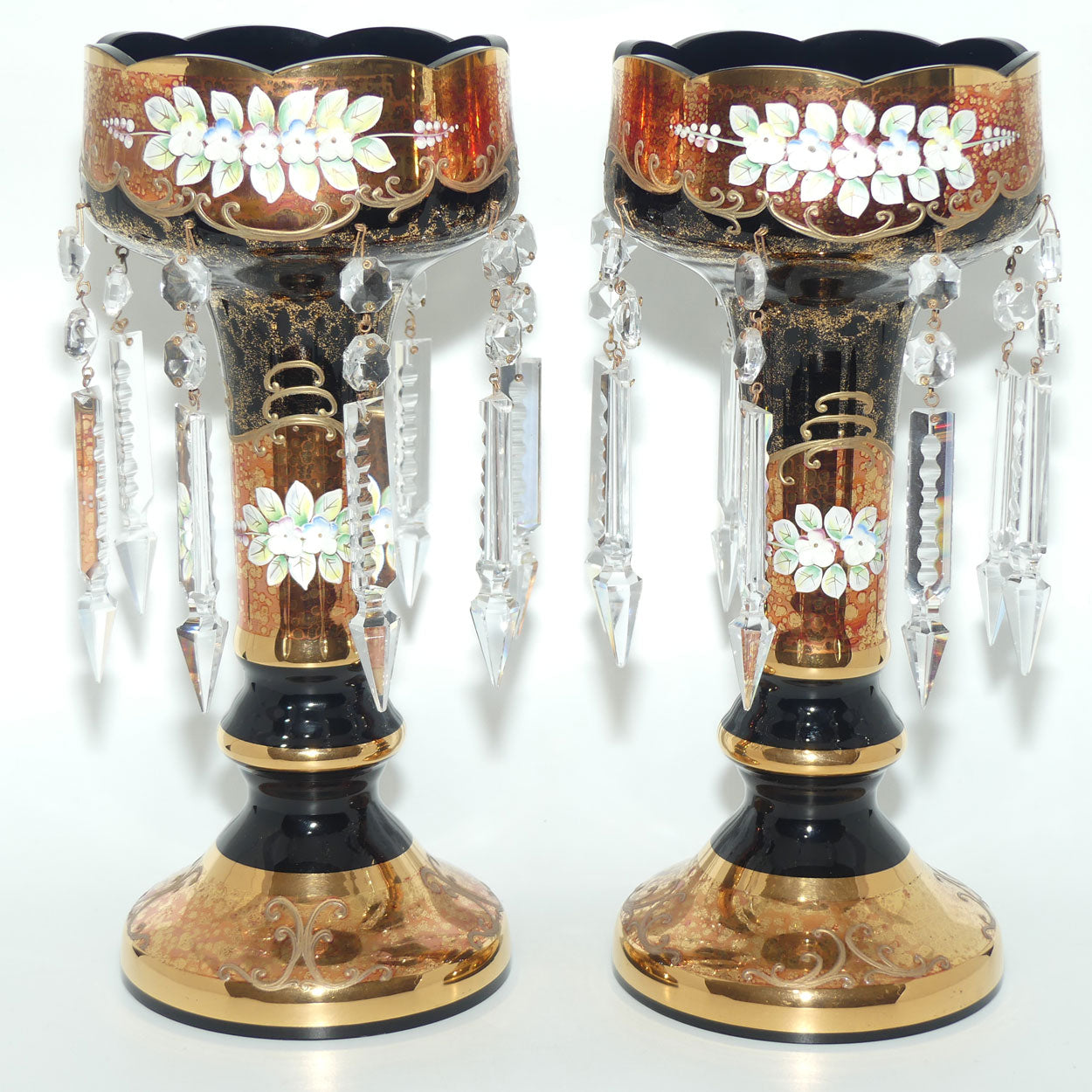 Pair of Bohemian Hand Painted and Heavily Gilt Black Glass Lustres c.1970