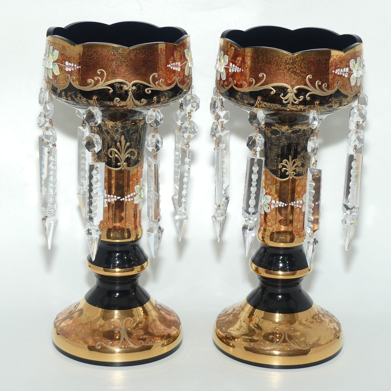 Pair of Bohemian Hand Painted and Heavily Gilt Black Glass Lustres c.1970