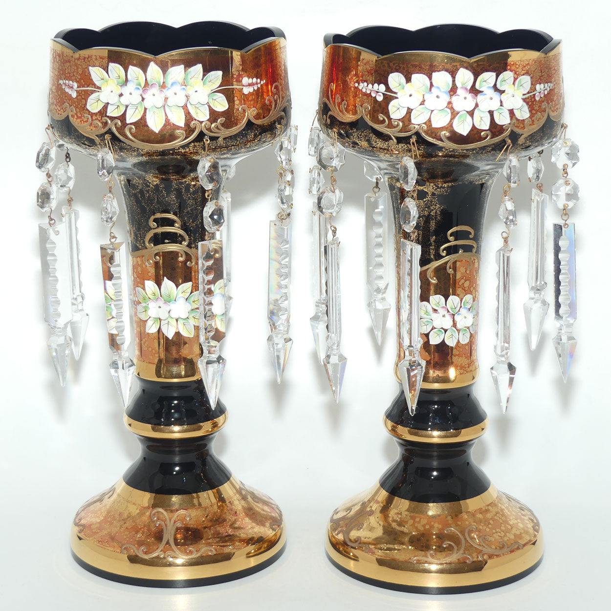 Pair of Bohemian Hand Painted and Heavily Gilt Black Glass Lustres c.1970