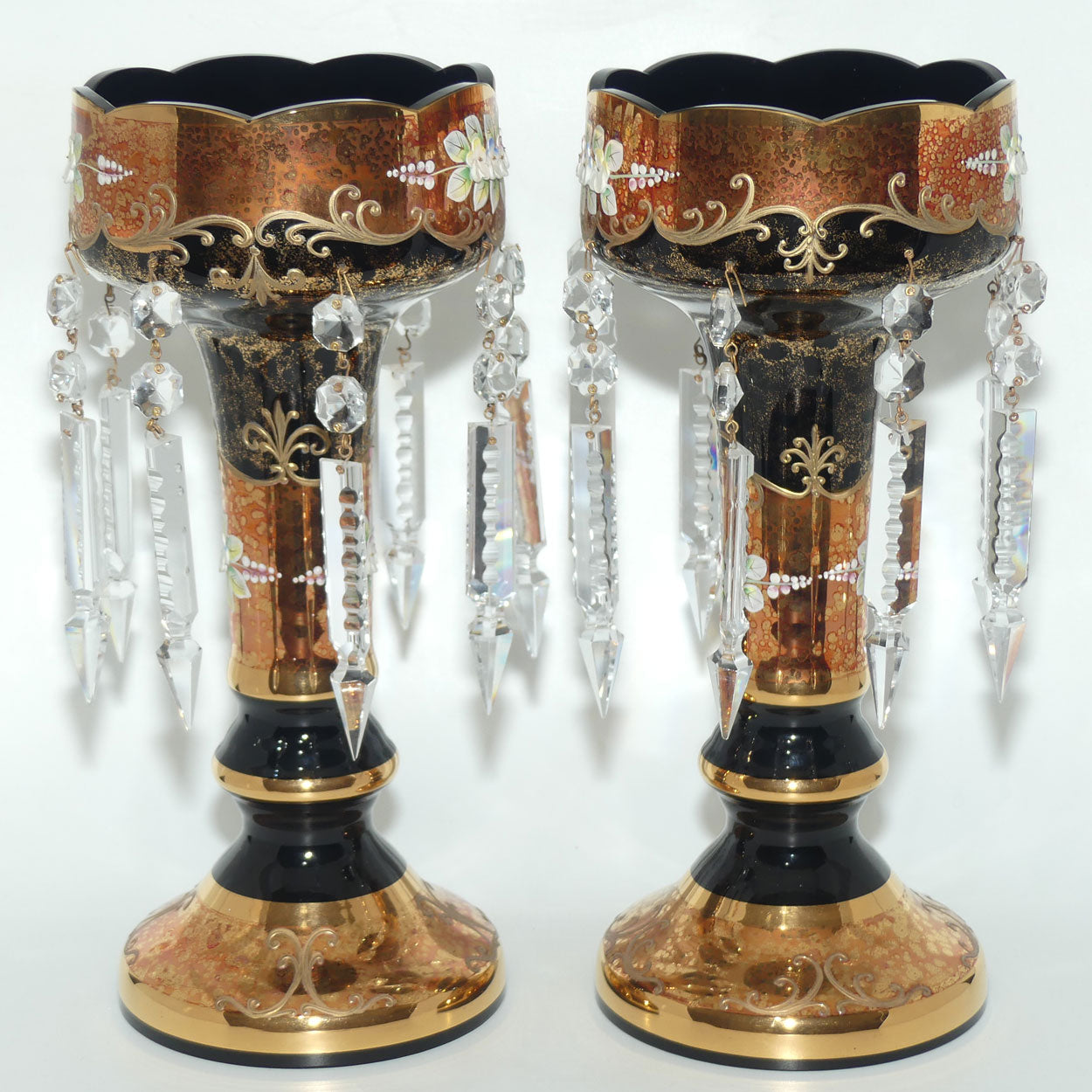 Pair of Bohemian Hand Painted and Heavily Gilt Black Glass Lustres c.1970