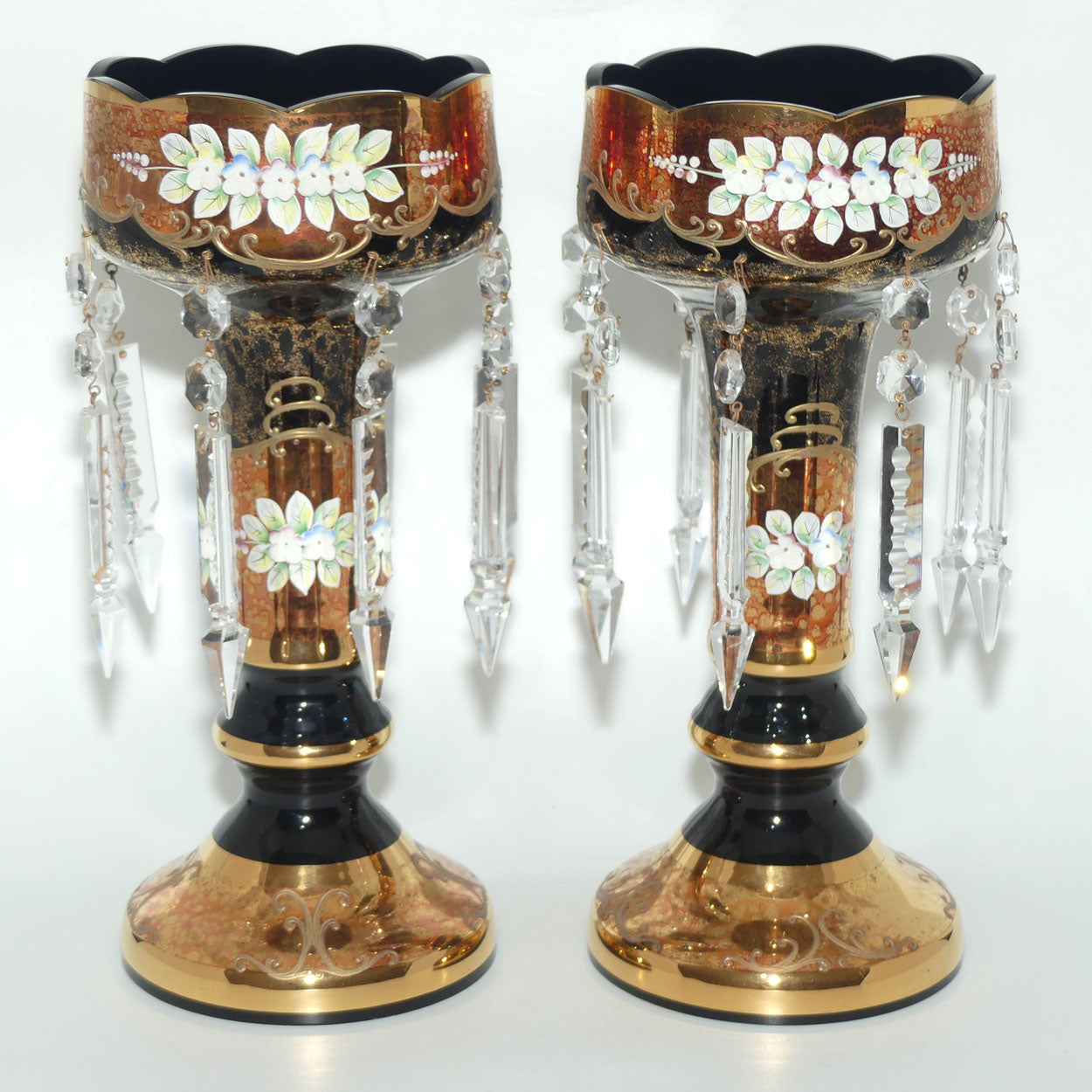 Pair of Bohemian Hand Painted and Heavily Gilt Black Glass Lustres c.1970