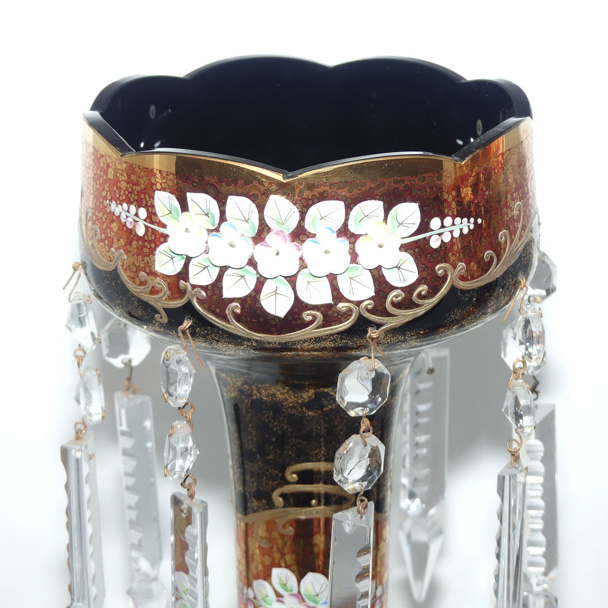 Pair of Bohemian Hand Painted and Heavily Gilt Black Glass Lustres c.1970