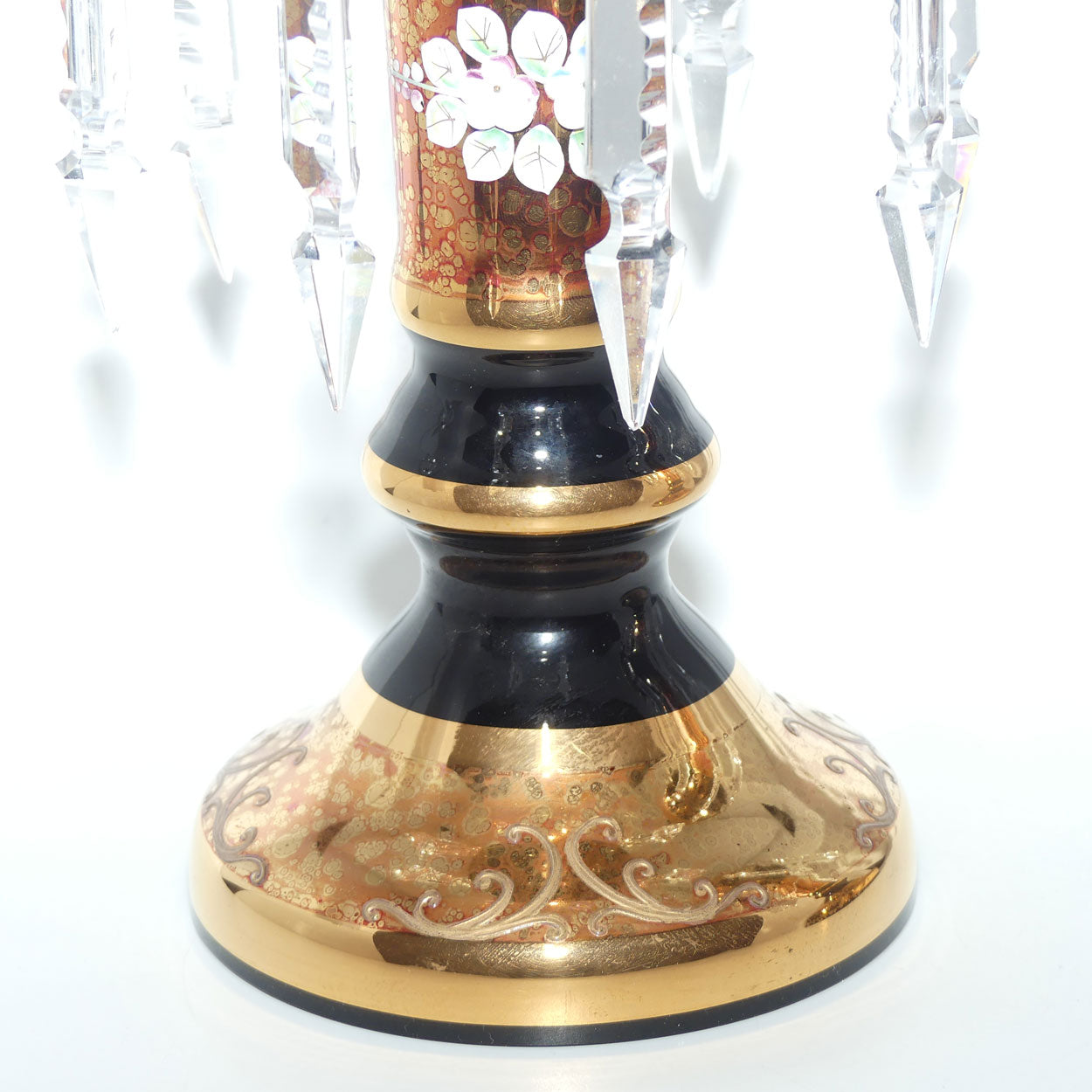 Pair of Bohemian Hand Painted and Heavily Gilt Black Glass Lustres c.1970