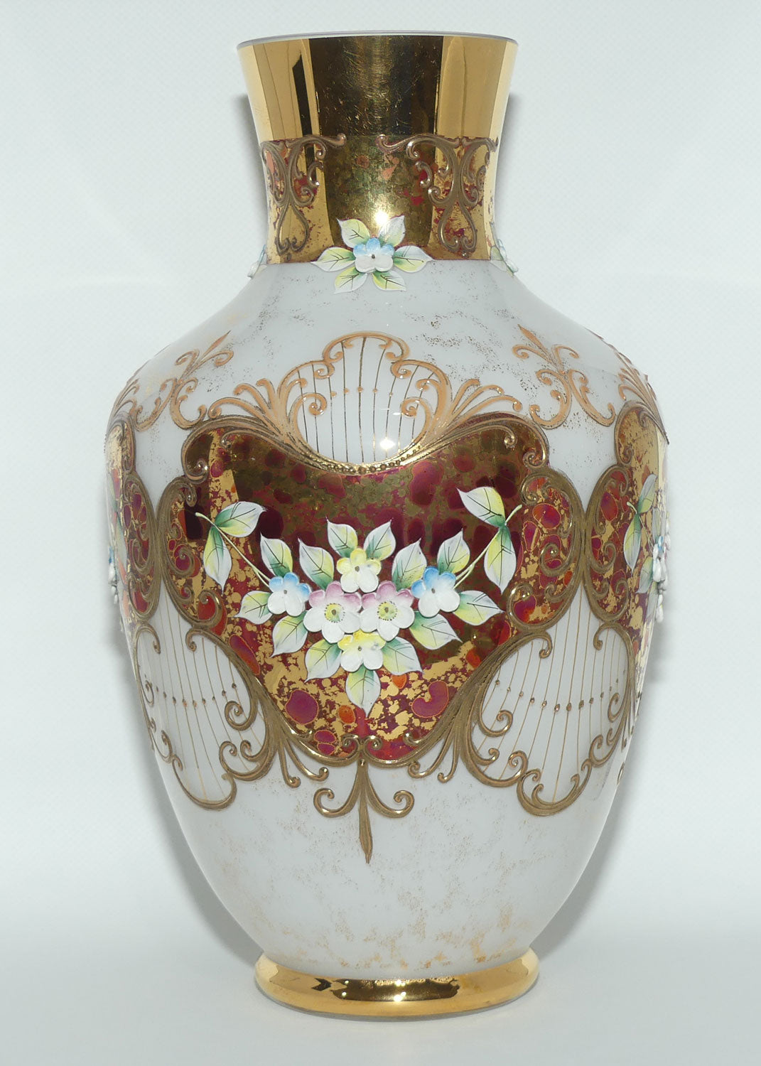 Bohemian Art Glass hand enamelled and gilt floral vase