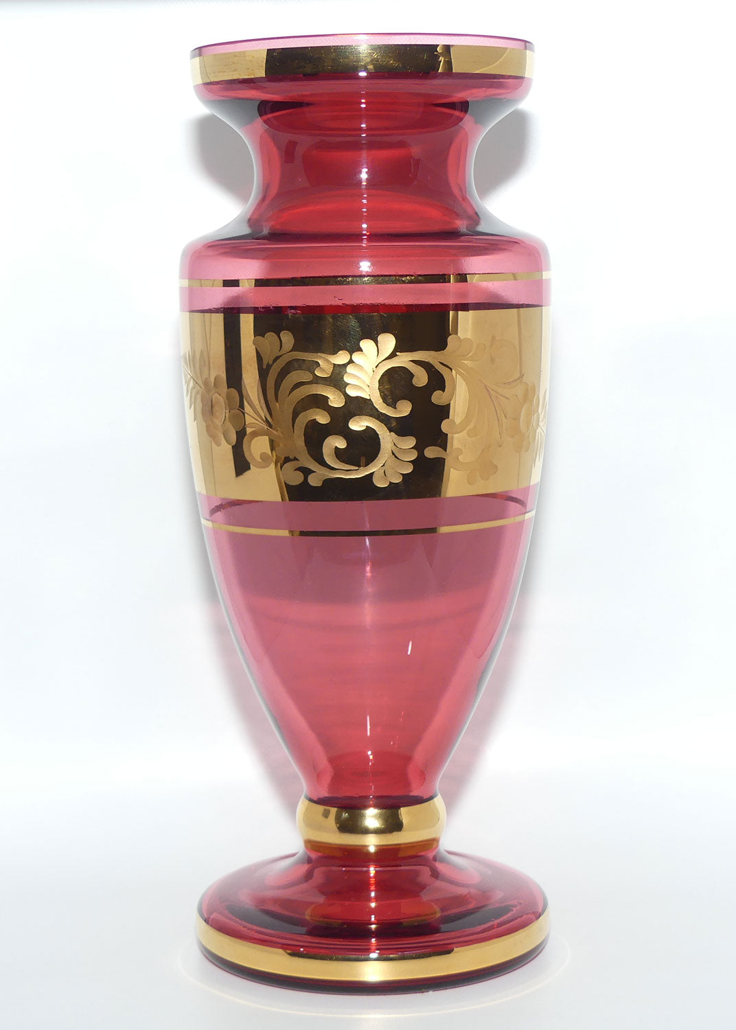 Bohemian Cranberry Glass vase | Wheel Cut and Gilt decorated