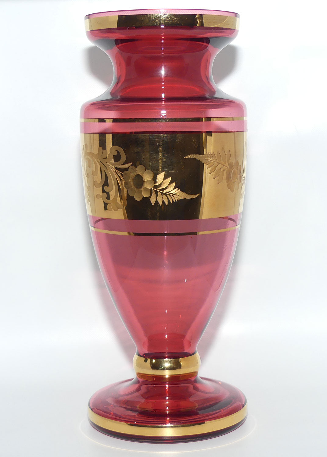 Bohemian Cranberry Glass vase | Wheel Cut and Gilt decorated