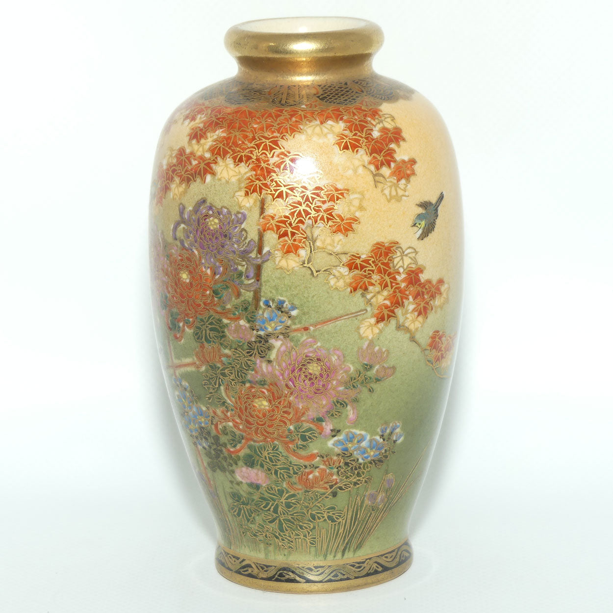 Satsuma vase depicting Chrysanthemum Flowers and Birds | Pale Tan ground | late Meiji | Taisho period