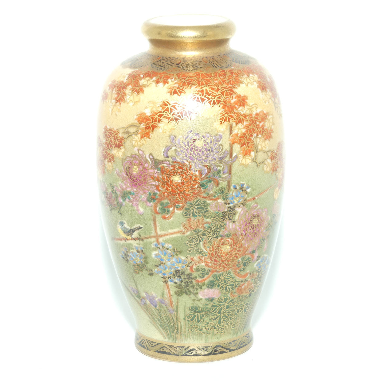 Satsuma vase depicting Chrysanthemum Flowers and Birds | Pale Tan ground | late Meiji | Taisho period
