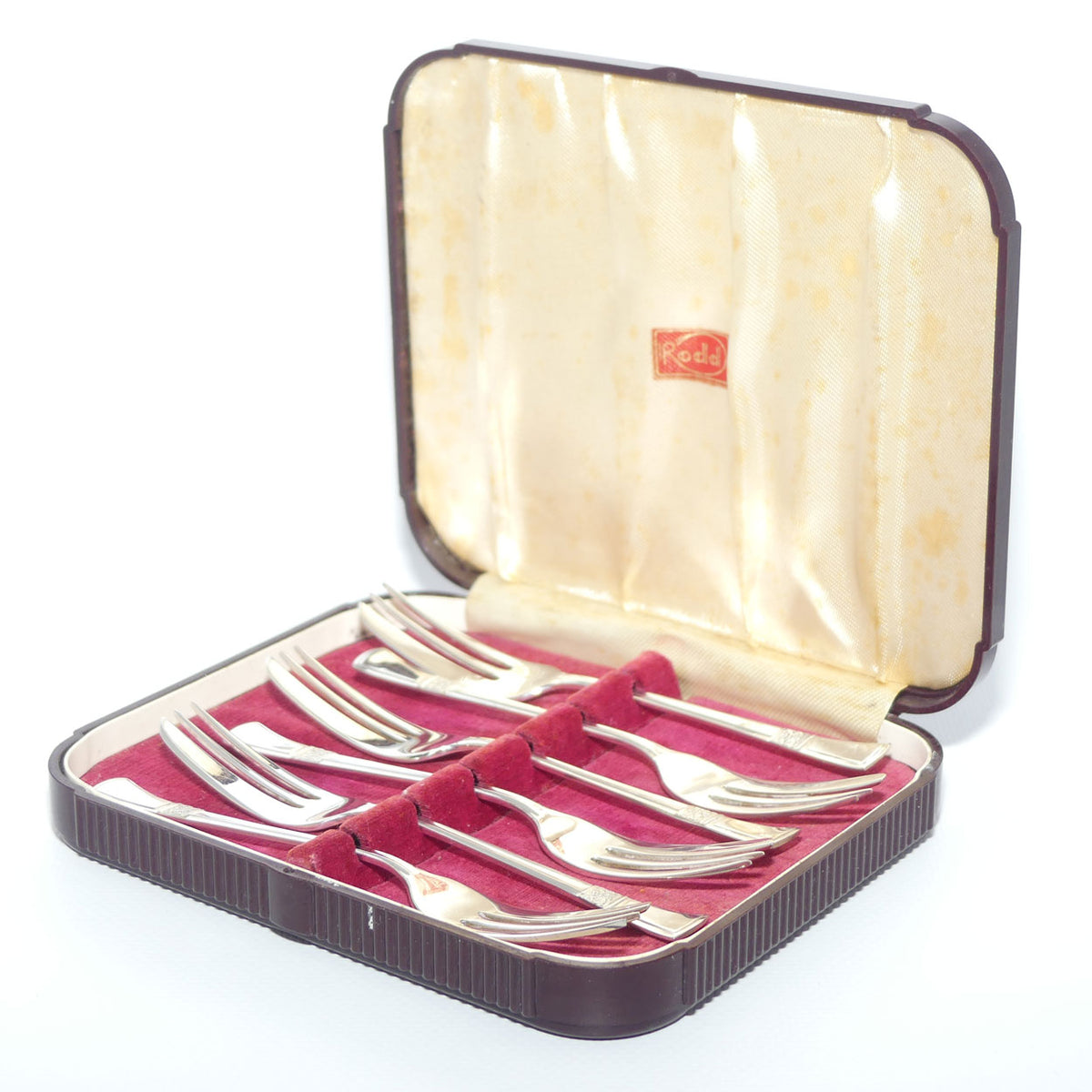 Set of 6 EPNS A1 cake forks | in Mid Century Bakelite box