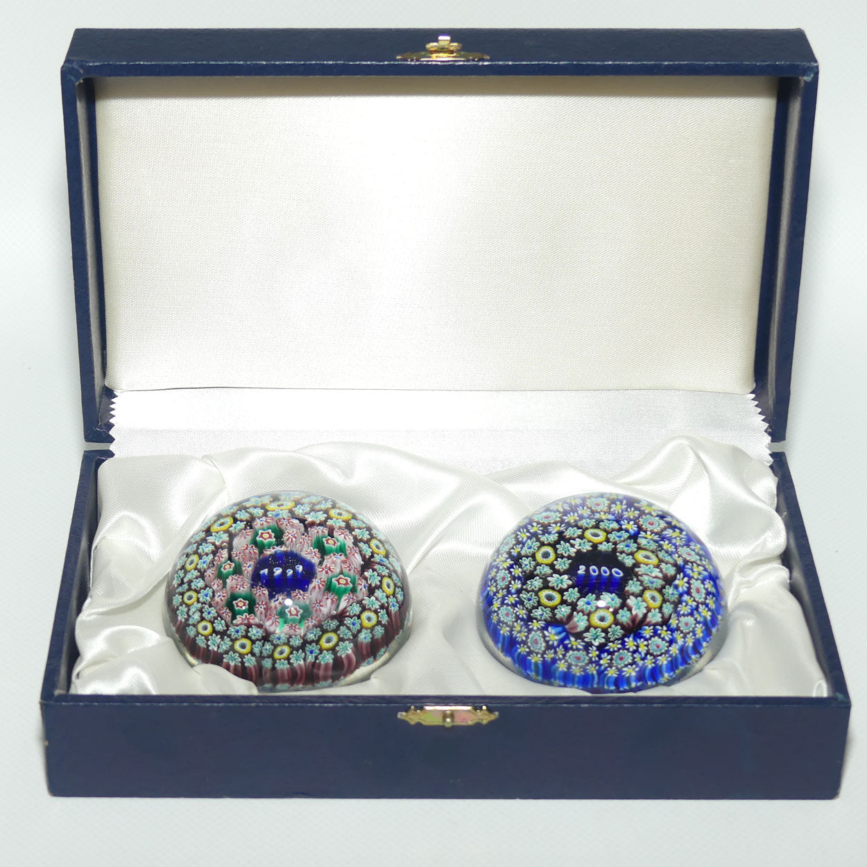 Pair of ALT Murano 1999 and 2000 Millenium paperweights | Boxed