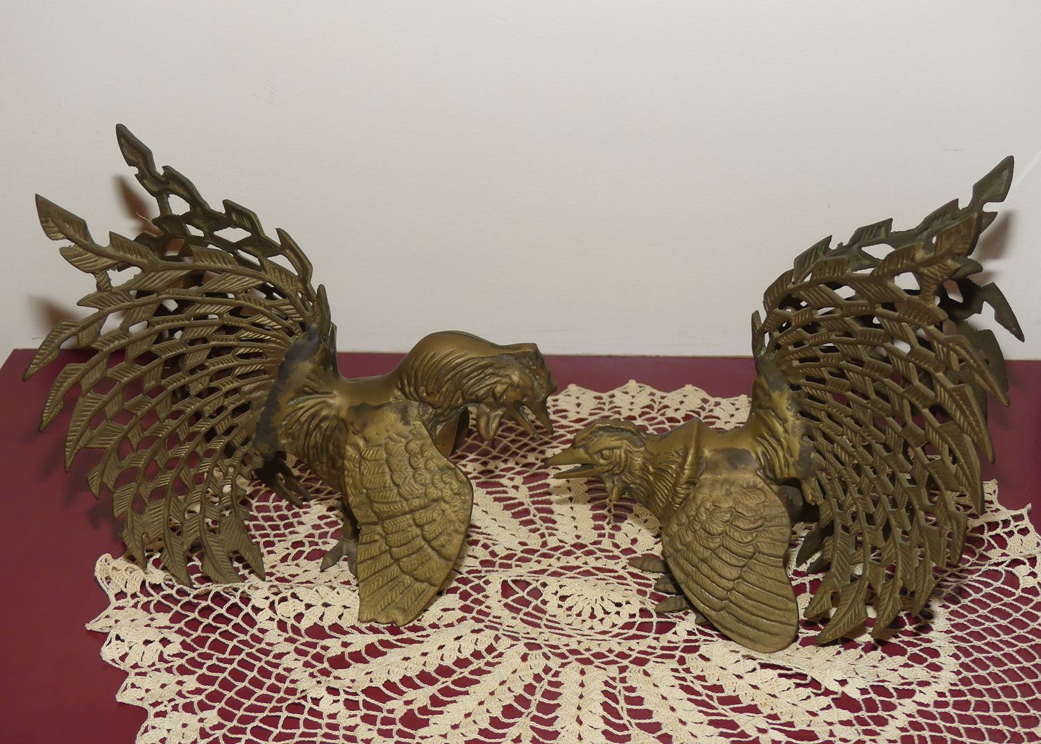 Pair of Vintage Brass Fighting Cockerels or Fighting Roosters
