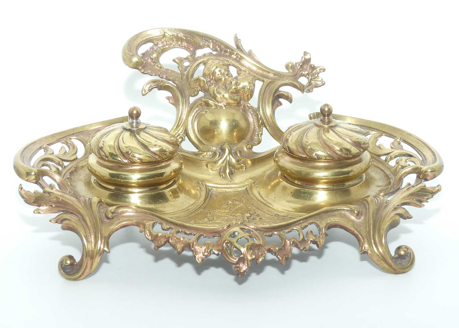 Victorian era French Brass Double Inkwell with porcelain inserts