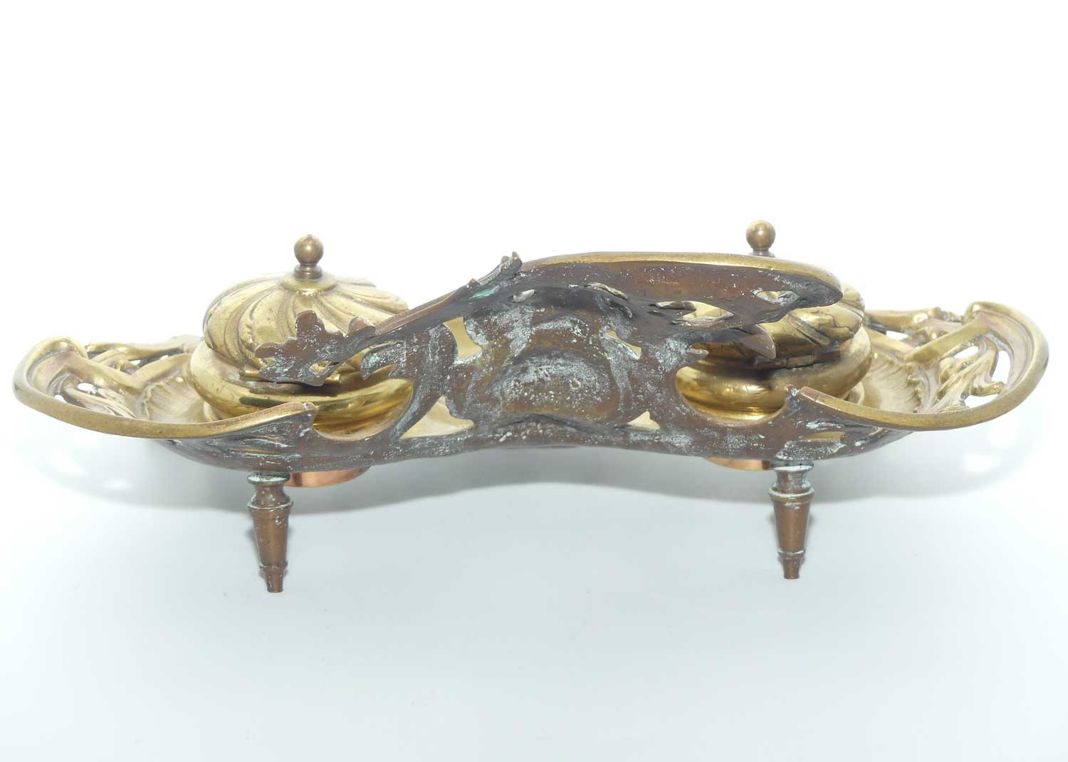 Victorian era French Brass Double Inkwell with porcelain inserts