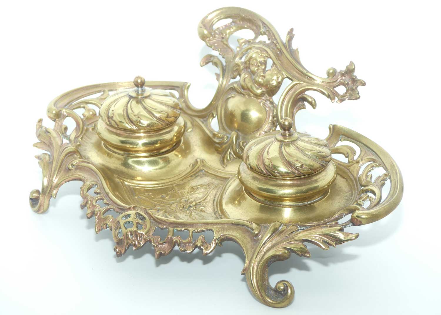 Victorian era French Brass Double Inkwell with porcelain inserts