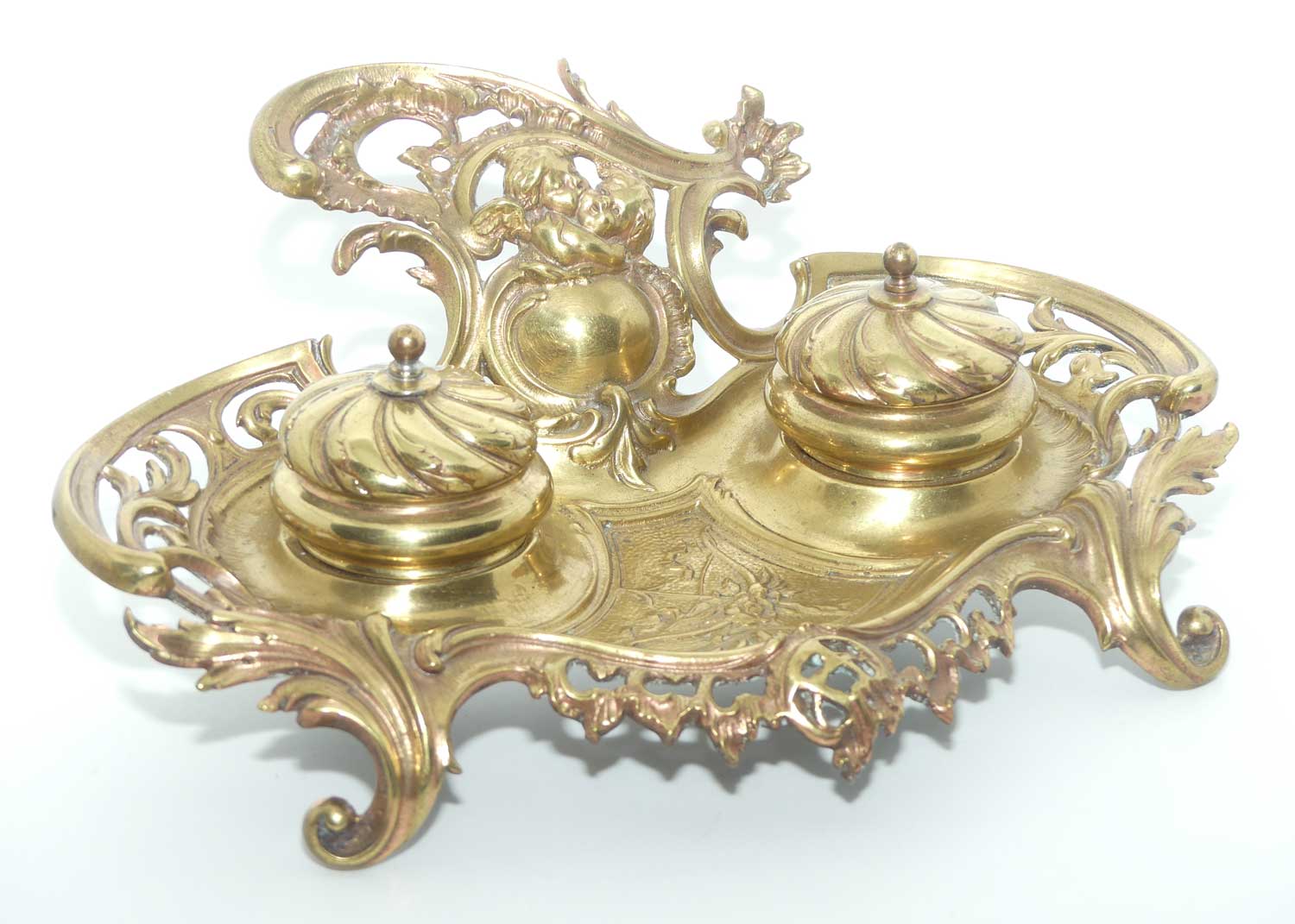 Victorian era French Brass Double Inkwell with porcelain inserts