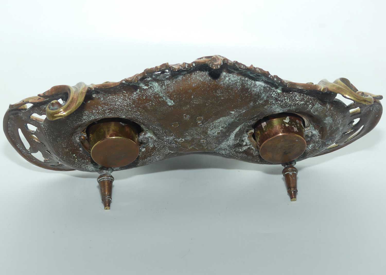 Victorian era French Brass Double Inkwell with porcelain inserts