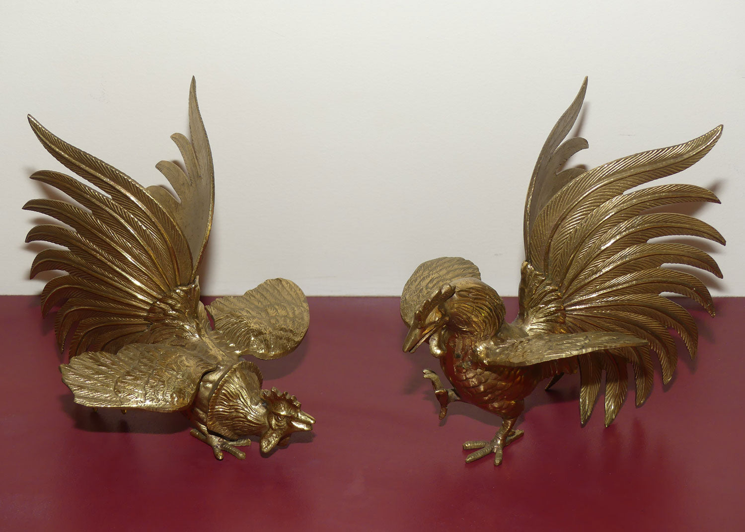 Pair of Vintage Brass Fighting Cockerels | Fighting Roosters | Solid Tails