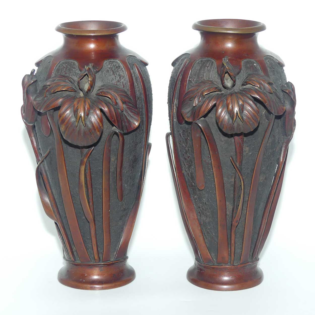 Pair of Meiji period Japanese Bronze vases with applied Iris decoration