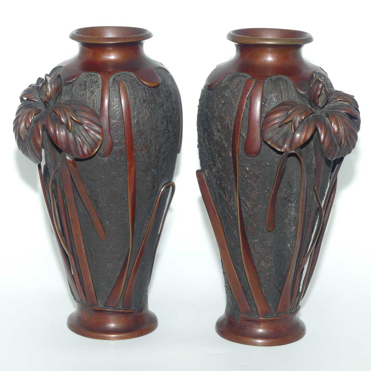 Pair of Meiji period Japanese Bronze vases with applied Iris decoration